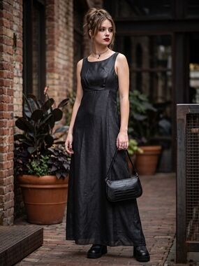 Vintage Esprit 90s Whimsigoth Shimmer Formal Gown Sleeveless Black Maxi Dress